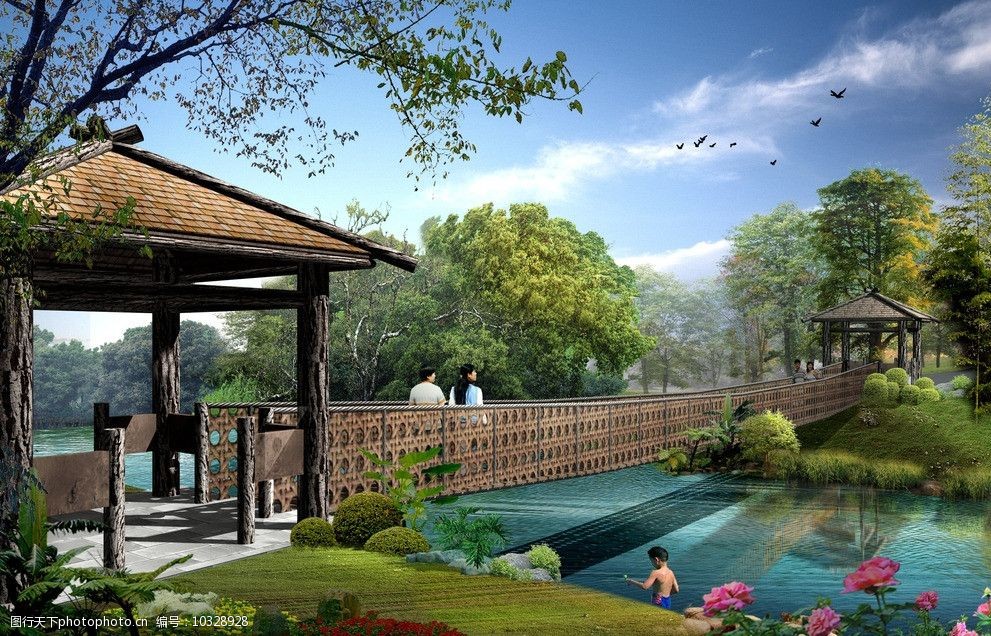 关键词:园林效果图 园林 设计 景观 池塘 桥 亭子 景观设计 环境设计