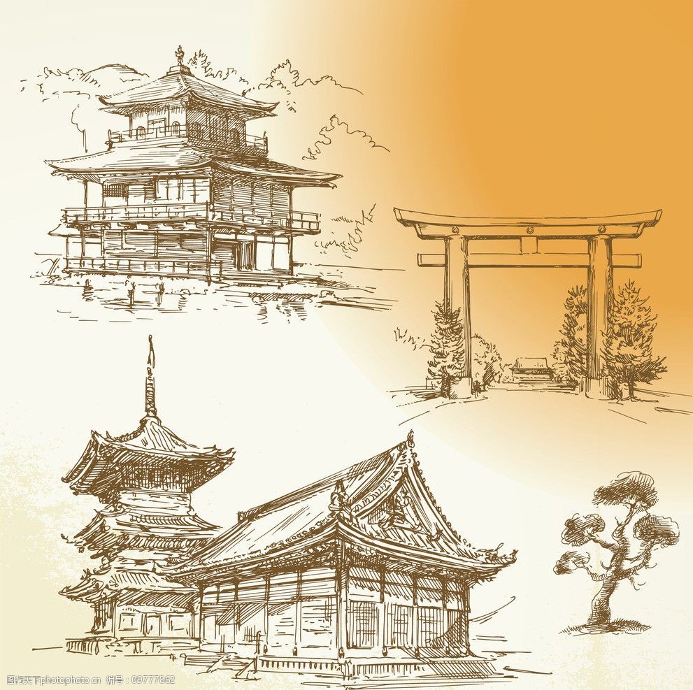 日式建筑素描图片