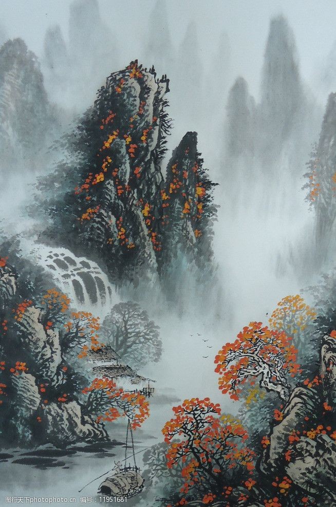 关键词:水墨风景画 中国画 山水画 国画 夏 山川 小船 水流 树林 绘画