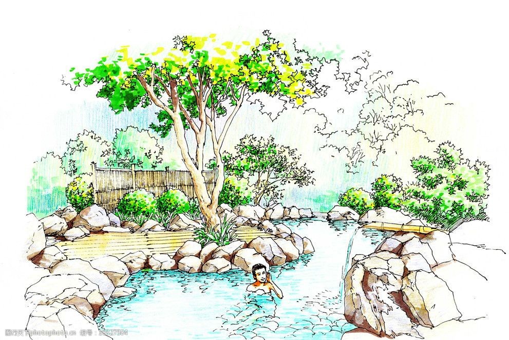 关键词:手绘景观设计 景观设计 花草 树木 水景 游泳 环境设计