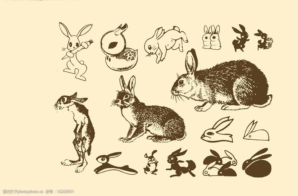 关键词:动物图案 兔子 卡通 动物 纹样 图案 白描 简笔画 儿童画 白兔