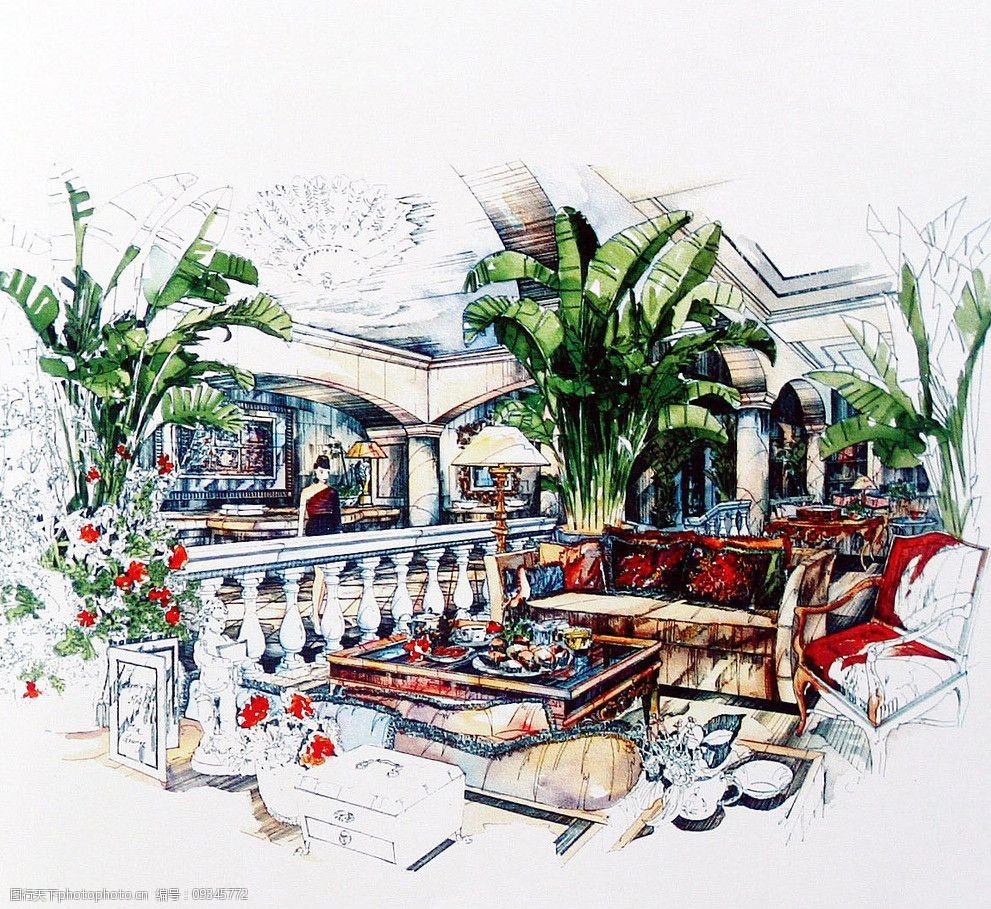 室内设计手绘效果图 室内设计 酒店餐厅 植物 手绘        环境设计