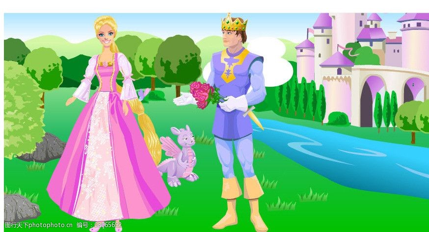 关键词:公主王子 城堡 河流 树 芭比 王冠 玫瑰 恐龙 矢量卡通 卡通