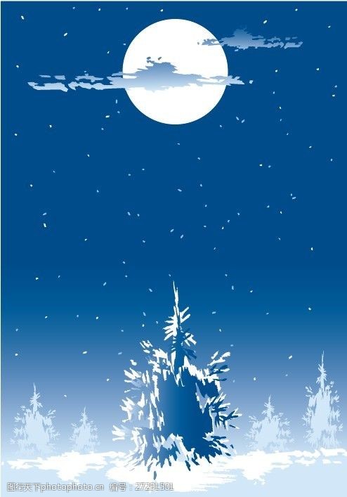 关键词:冬季里的夜空 雪地 松树 月亮 星星 ai 蓝色 ai