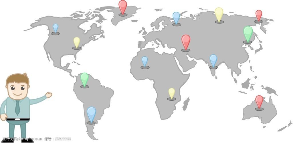 卡通人显示出具有不同的位置和地点地图