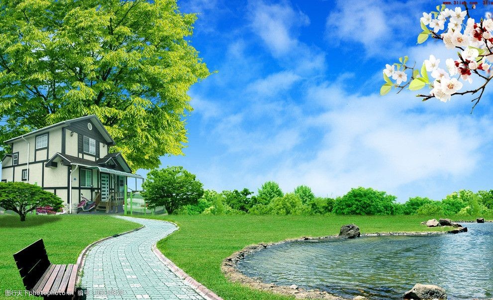 关键词:池塘边别墅风光 池塘 长椅 花草 树木 小路 蓝天 白云 自然