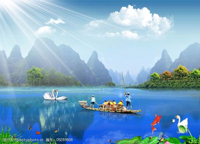 关键词:梦幻 自然风景 美丽 小船 船 天鹅 鹅 山 山水 湖泊 荷花 水草