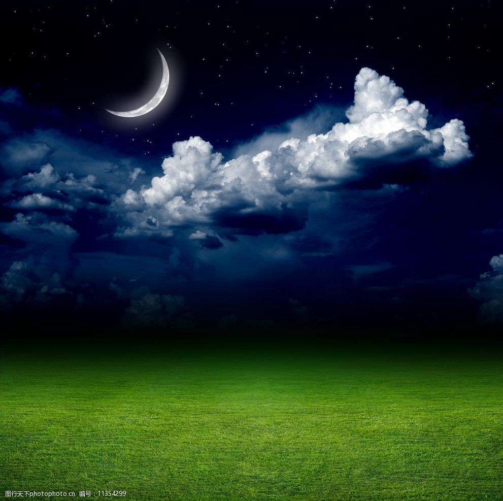 青青草地与夜空中月亮图片