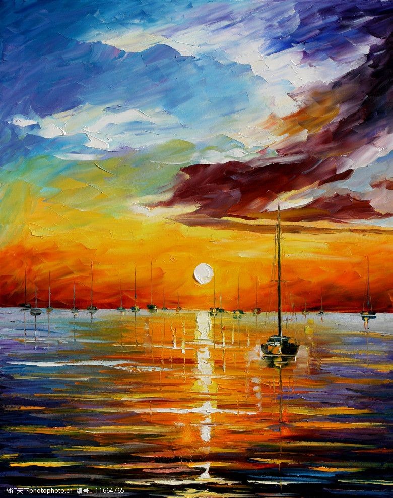 油画海港渔船图片