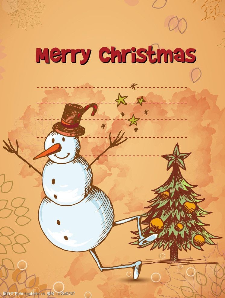 手绘圣诞圣诞树雪人圣诞贺卡图片