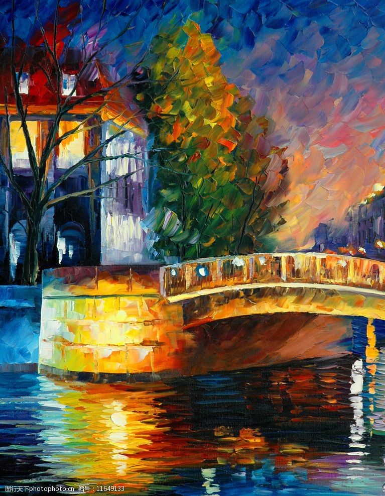 油画小桥夜景图片
