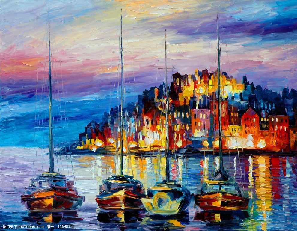 油画夜晚海港图片