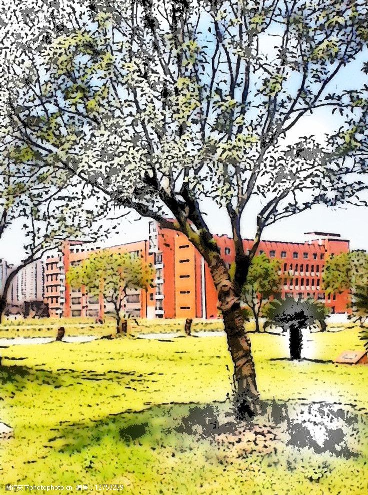 彩铅手绘校园风景图片