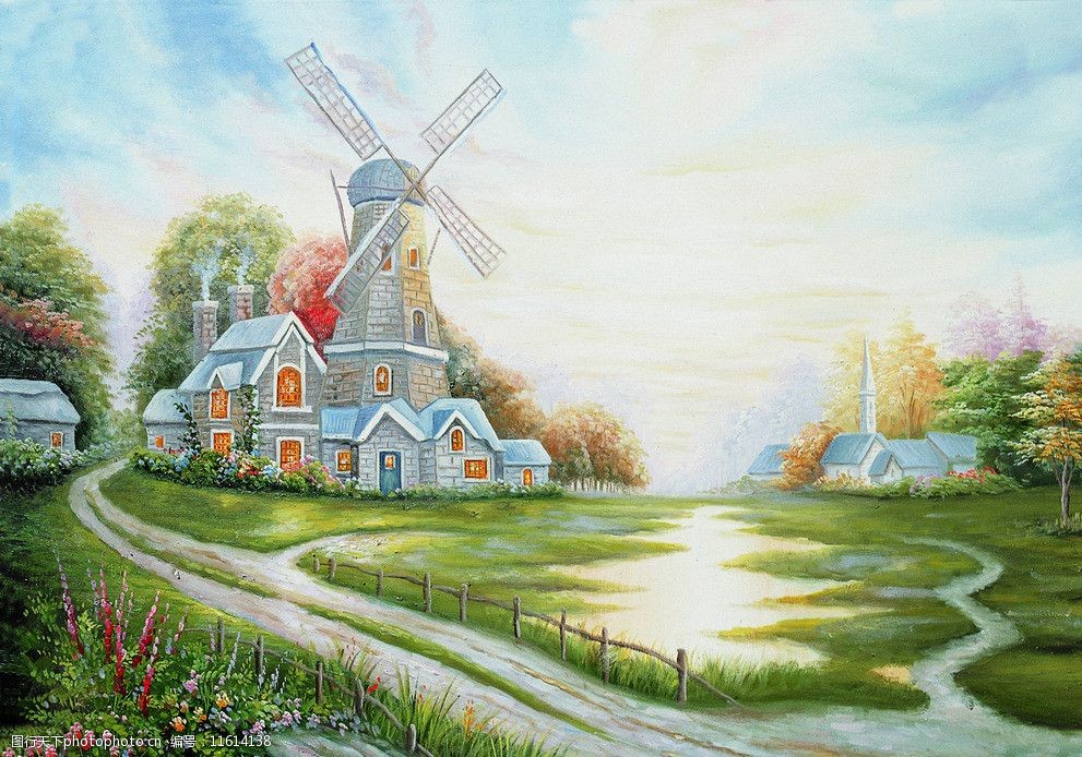 大风车卡通油画图片