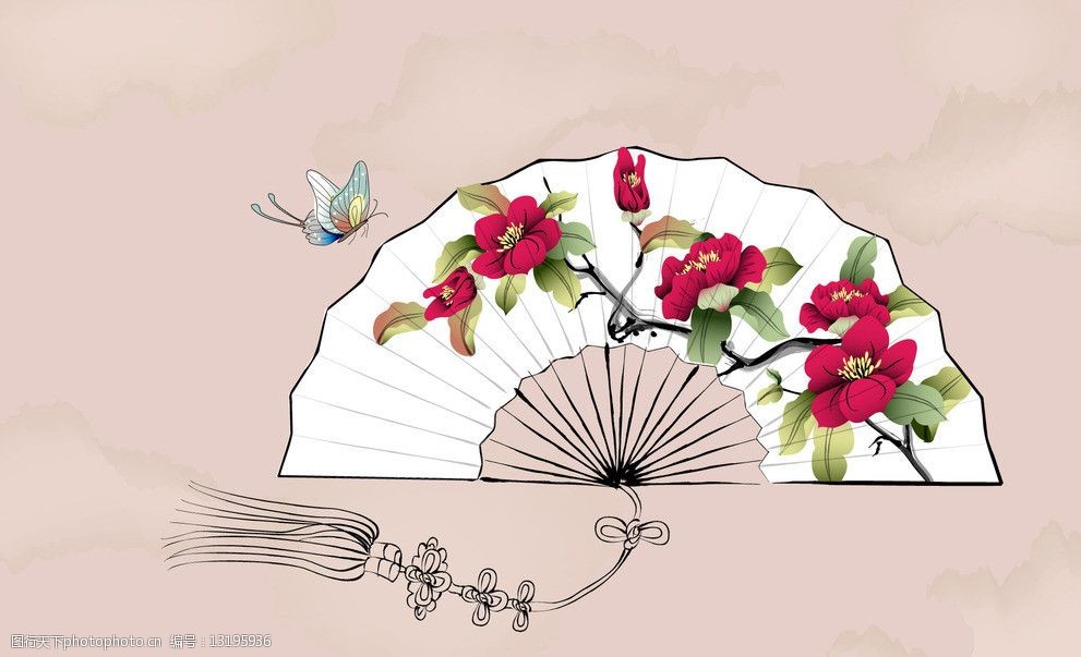 高清水墨扇子 高清 蝴蝶 红色 花朵 水墨 扇子 手绘 插画 壁纸 背景