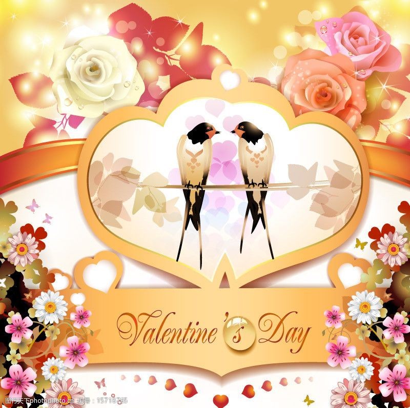玫瑰鲜花小鸟情人节背景图片