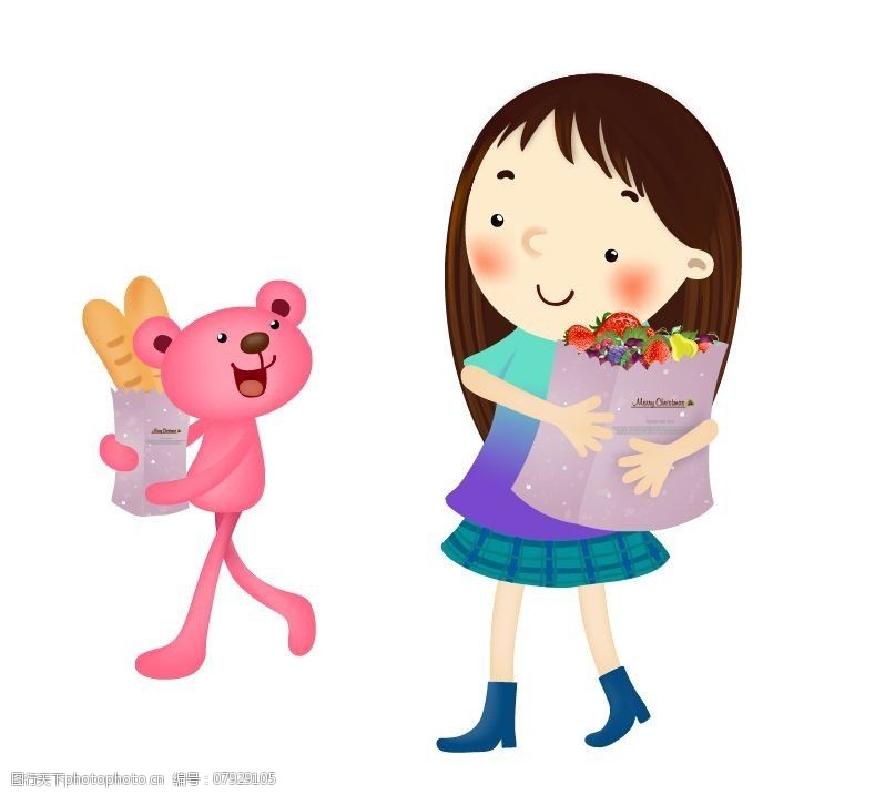 抱着食物的卡通女孩和兔子图片