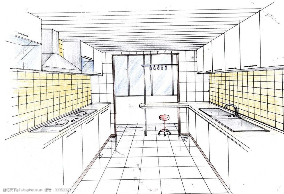 关键词:室内设计效果图 手绘效果图 厨房设计 厨柜设计 餐厅设计 室内