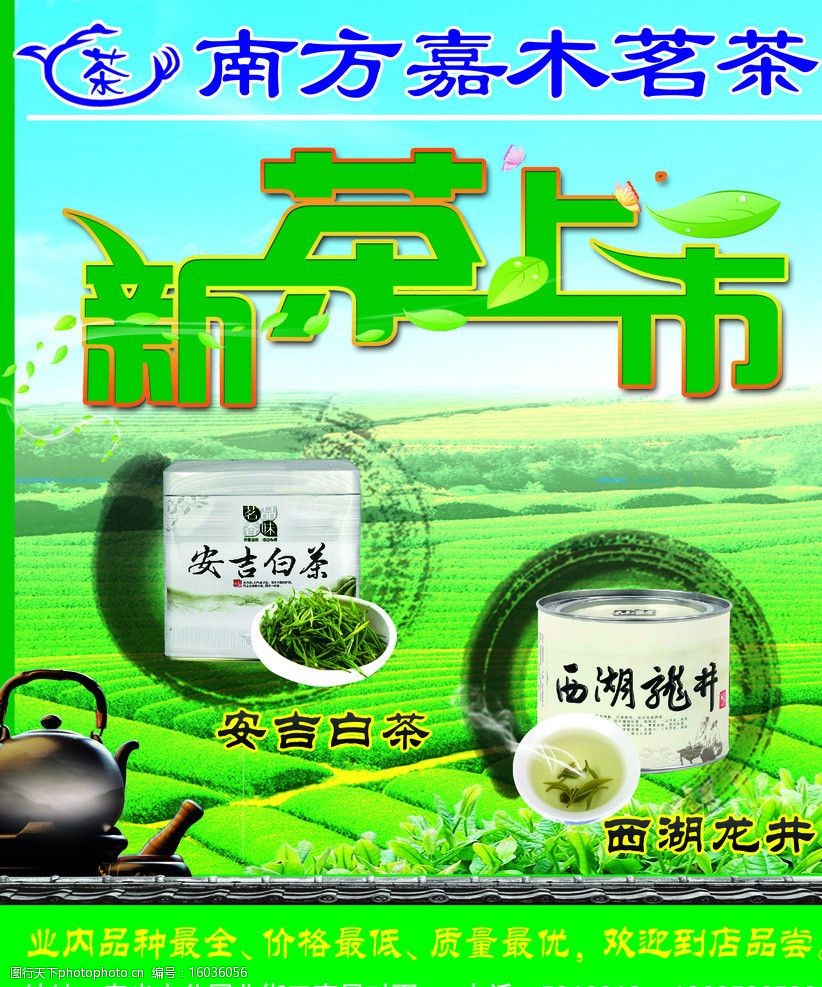 关键词:南方嘉木茗茶 新茶上市 安吉白茶 西湖龙井 茶壶海报 psd分层