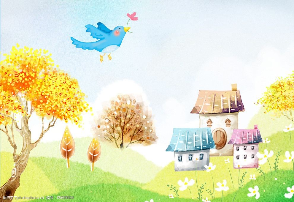 关键词:自然风景 梦幻风景 小鸟 房子 草地 花 psd 风景 psd分层素材