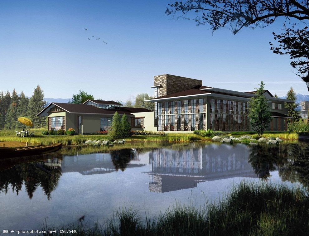 湖边建筑效果图图片