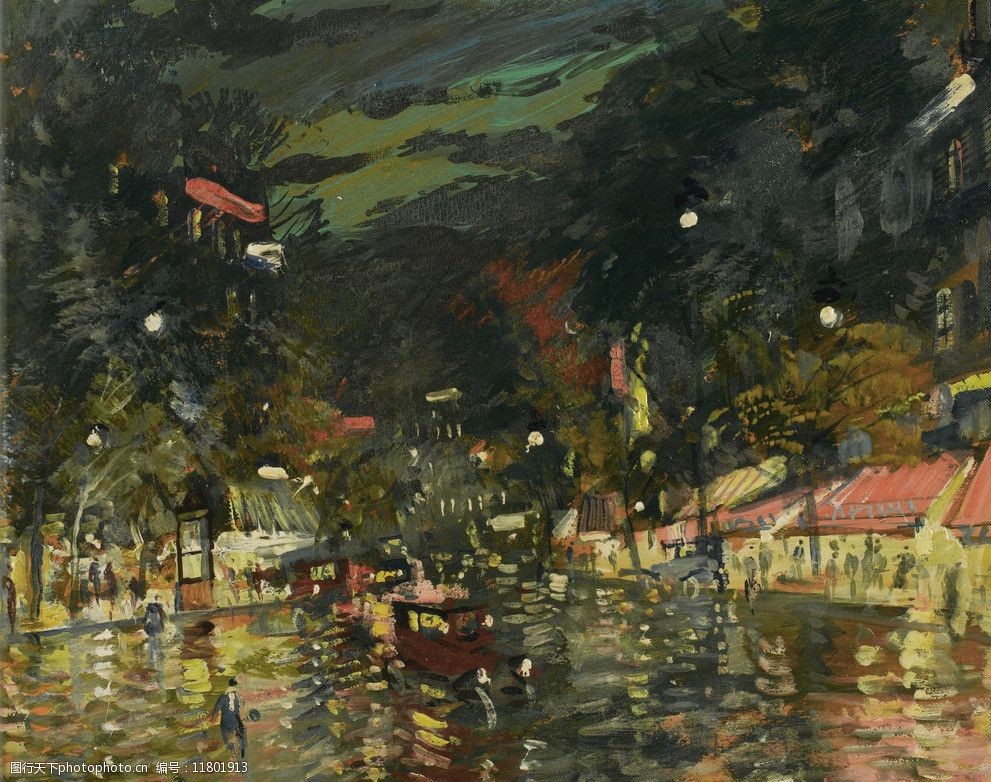 小镇夜景油画图片