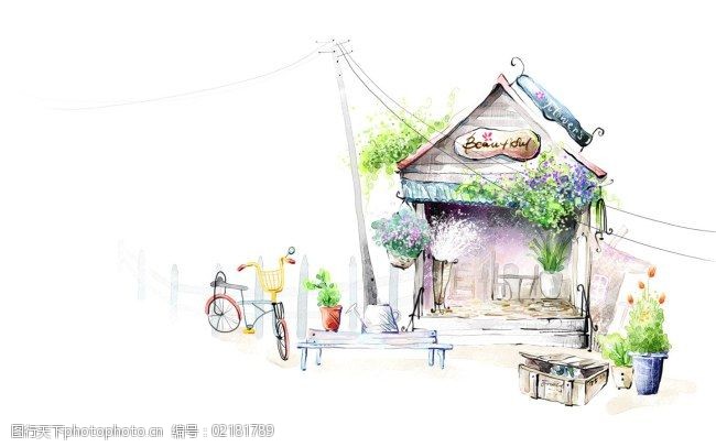 韓風手繪水彩插畫花店小屋